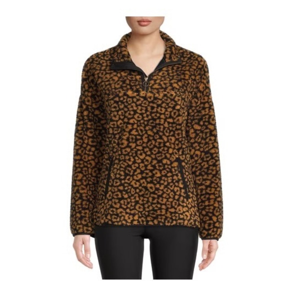 (B3) Time and Tru Leopard Print Fleece Quarter Zip Pullover Brown Black L 12-14